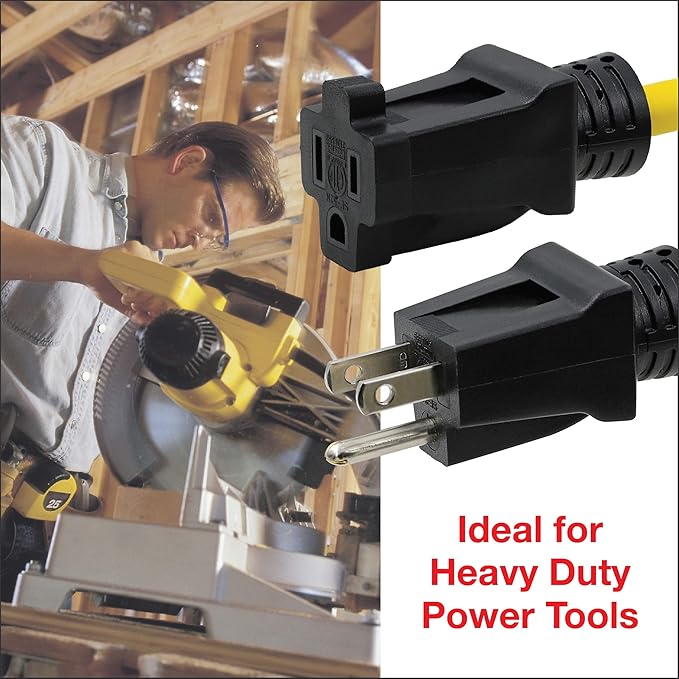 Clear Power 100 ft 12/3 SJTW Heavy Duty Outdoor Extension Cord, Water & Weather Resistant, Flame Retardant, Yellow, 3 Prong Grounded Plug, CP10146