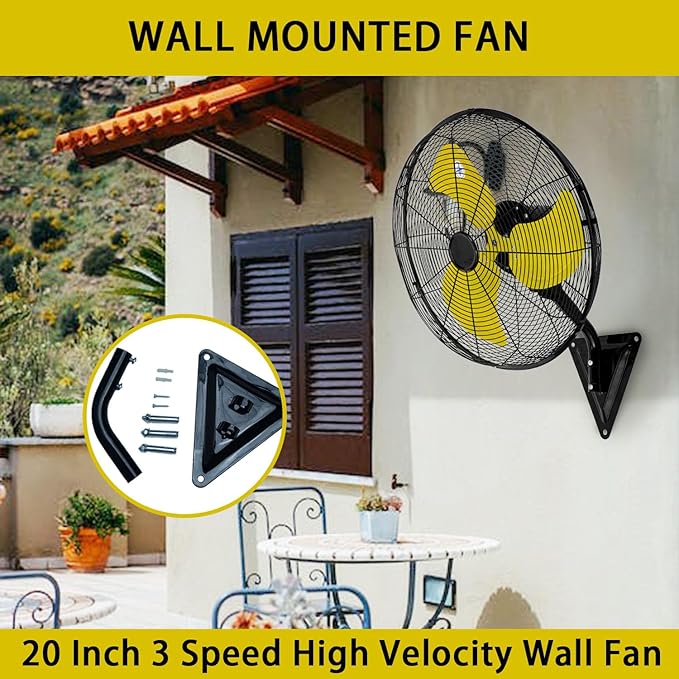 Bestronair 20 in Wall Mount Fan Oscillating Wall Fan with 3 Speed High Velocity Wall Mounted Fans Heavy Duty for Garage, Patio, Industrial, Shop, Commercial Indoor Outdoor Metal Fans, Yellow