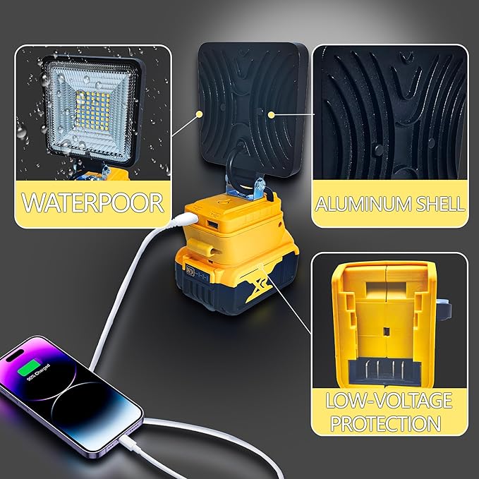 Portable Cordless LED Work Light for Dewalt 20/18v Battery, 30W 3000Lumens Flood Lights Outdoor for Dewalt 20V Battery, Underhood Work Light with Two USB Charging Port for Emergency, Workshop, Garage