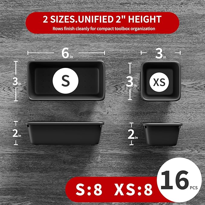 16 PCS Small Parts Tool Box Organizer Trays, tool box trays organizer for Toolbox Organization, Parts Trays and Screw Organizer Box for Tool Chest, Garage Drawers and Workbench