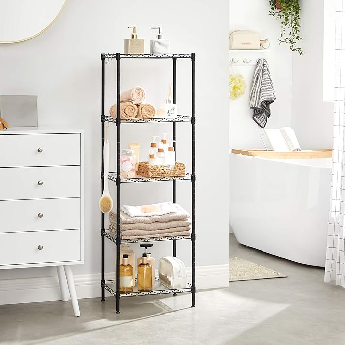 SONGMICS 5-Tier Storage Shelves, Wire Shelving Unit, Kitchen Metal Shelves, Storage Rack with Adjustable Shelves, Shelf Liners, 8 Hooks, for Garage, 11.8 x 15.7 x 47.6 Inches, Black ULGR115B01