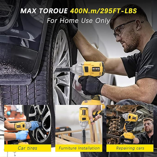 Mowis Cordless Impact Wrench 1/2 Inch 20V 400Nm Brushless Power Impact Gun, 2200rpm Speed, 4.0Ah Li-ion Battery, 4 Impact Sockets, Fast Chargers, Tool Box