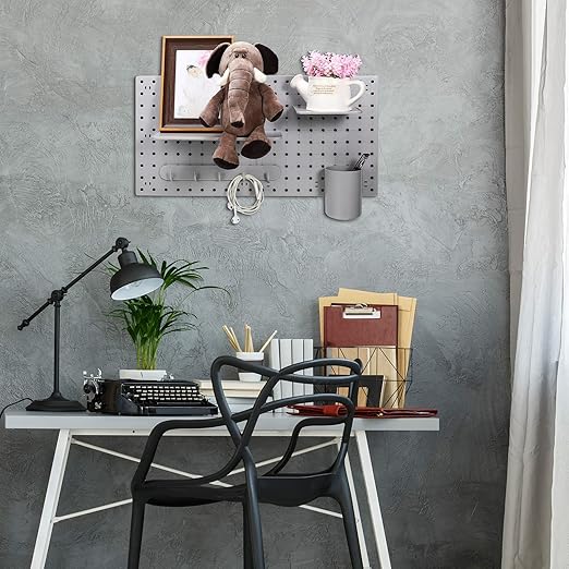 Chunful 58 Pcs Pegboard Organizer Kits Plastic Pegboard Wall Panel Mount Display Accessories Include Storage Boards Buckets and Hooks for Craft Room Garage Kitchen Office(Gray)