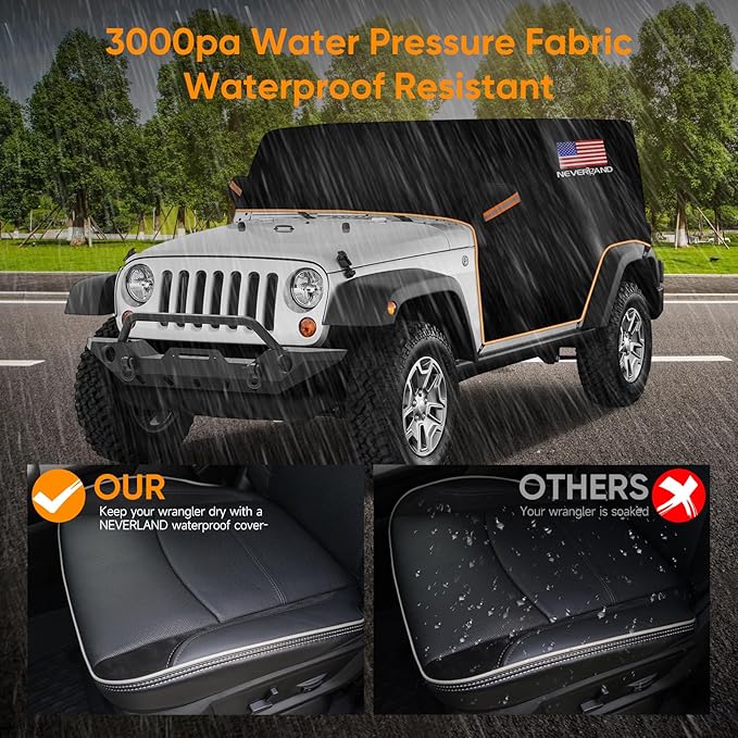Wrangler Cab Cover for 2007-2025 Jeep Wrangler JK JKU JL JLU 4 Door,NEVERLAND Half Car Cover Waterproof Oxford with Reflective Strip,Sun Snowproof Cab Car Cover Black
