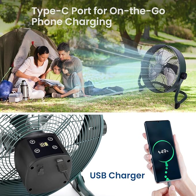 15" Rechargable Battery Operated Fan for Camping,12 Speeds Cordless Floor Fan，Rechargeable Portable Fan for Travel Indoor Outdoor, 12000mAh, 360°Manual Tilt