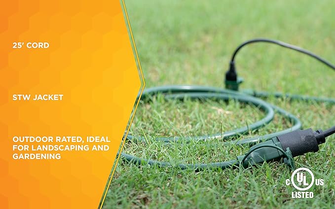 Southwire Outdoor Extension Cord - Durable Medium-Duty Yard & Patio Cable - SJTW Extension - 14 Gauge - 3 Conductor - 3 Outlet - Green - 25 Foot