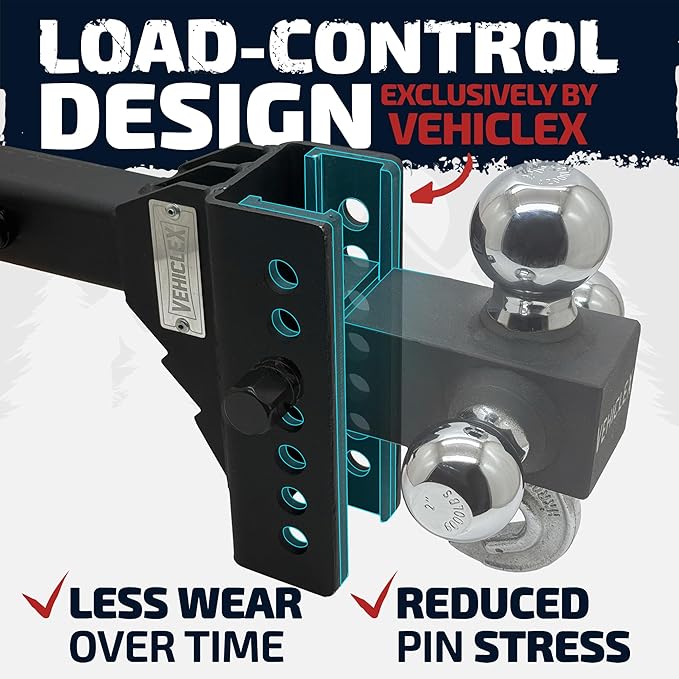 Vehiclex 6" Adjustable Drop Hitch for 2" Receiver, Heavy-Duty Tri-Ball & Tow Hook with Keyed-Alike Pin Locks for SUVs & Light-Duty Trucks, Solid Steel Design