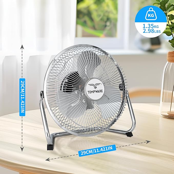 TEMPWARE 9 inch Floor Fan, 3-Speed Portable Metal Fan with Adjustable Tilt, Quiet Small Cradle Floor Fan for Home, Office, Bedroom