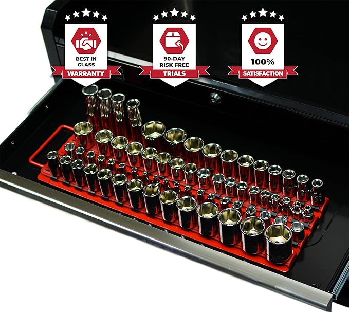 Olsa Tools Socket Organizer Tray - Portable Red Rail with Black Clips - Stores 80 Sockets Securely - Professional-Grade Socket Holder - Part 1047