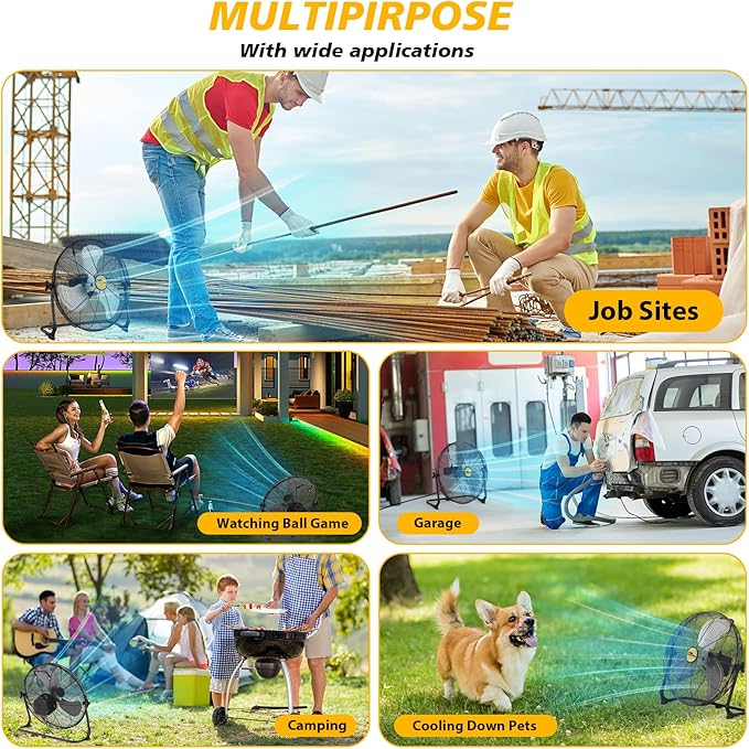12" Battery Operated Floor Fan Compatible with Dewalt 20V Max Battery, Portable Cordless Fan with AC Adapter, USB and Type C Output, Variable Speed Fans for Jobsite Garage Camping (No Battery)