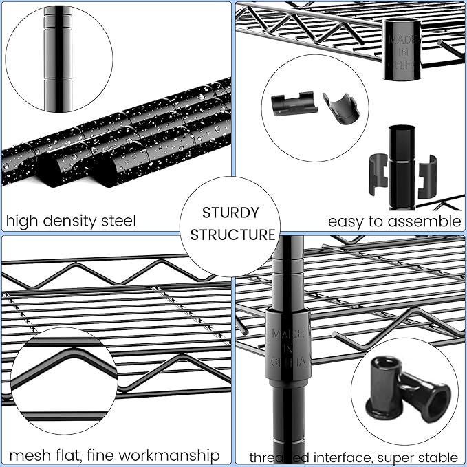 6-Shelf Shelving Storage Unit,Heavy Duty Metal Organizer Wire Rack with Leveling Feet, Stainless Side Hooks for Bathroom Kitchen Garage 750Lbs Capacity (Black)