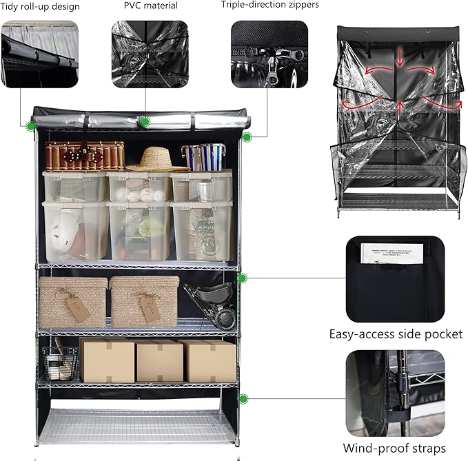 Macoda Storage Shelf Cover Wire Rack Shelving Fits Racks 18" D x 36" W x 72" H One Side See Through Panel (Cover only)