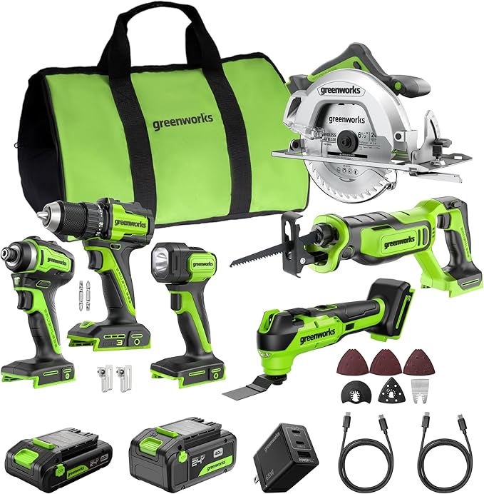 GREENWORKS 24V (6-Tool) Combo (Drill, Impact Driver, Circular Saw, Reciprocating Saw, Multi-Tool, Flashlight), 4.0Ah + 2.0Ah (24,000mAh Power Bank) Batteries, (2) Cables, 65W Rapid Charger