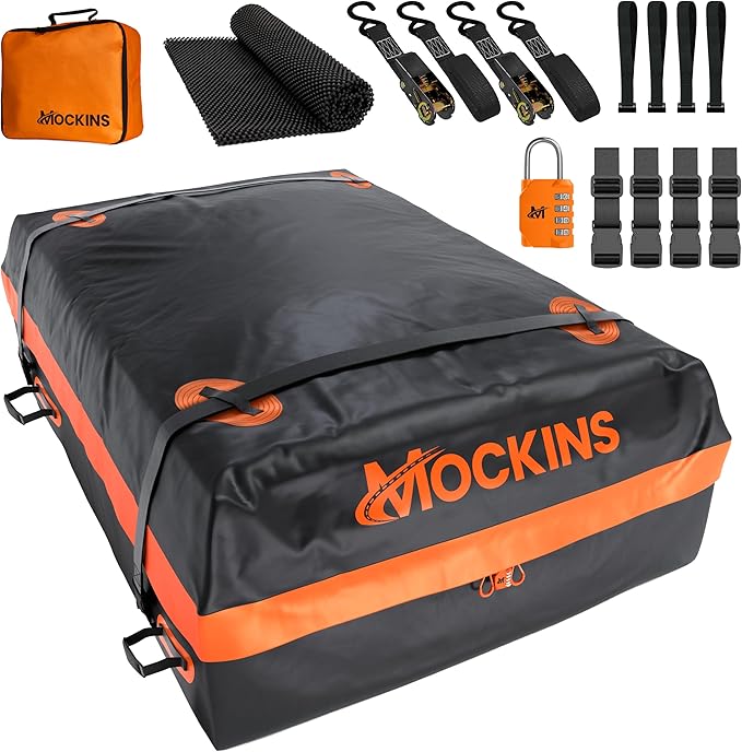 Mockins 30 Cu.Ft. All-Weather Rooftop Cargo Carrier Bag | 60"x43"x20" Soft-Shell Vinyl Roof Cargo Bag for Top of Car, SUV, Truck & Large Vehicles with Accessories | Car Top Carrier Without Roof Rack