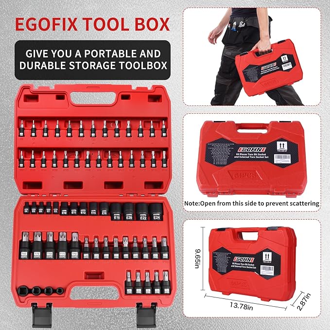 Torx Bit Socket and External Socket Set, S2 and Cr-V Steel, Master Impact Torque Output Complete Kit 64 Pieces
