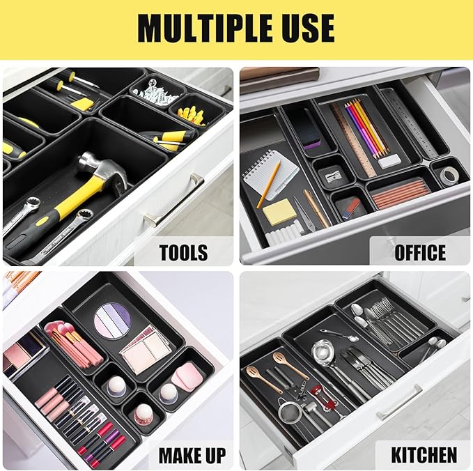 60PCS Tool Box Organizer Tray Divider, More Large Sizes-5 Sizes Desk Drawer Organizers Garage Tool Organizer and Storage, Black Plastic Tray Organizer Bins for Home Office Supplies and Tools