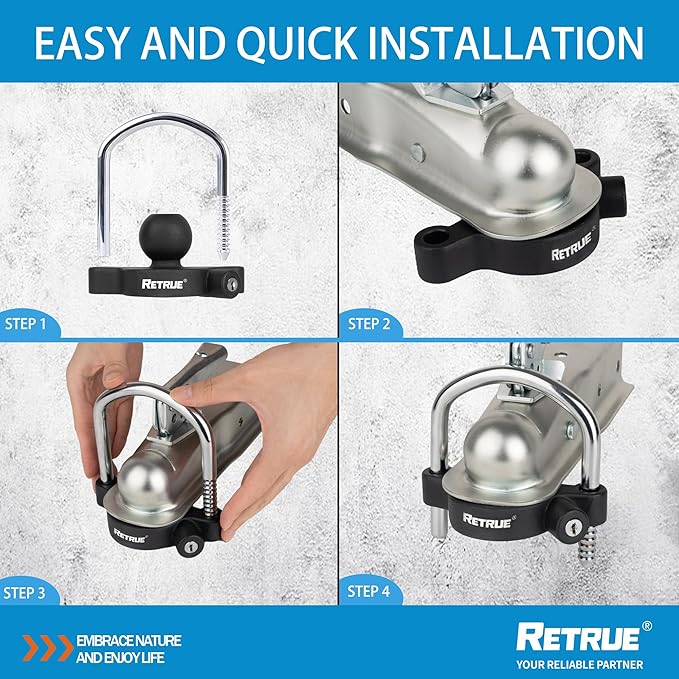 RETRUE Universal Coupler Lock Trailer Locks Ball Hitch Trailer Hitch Lock Adjustable Security Heavy-Duty Steel Fits 1-7/8 Inch, 2 Inch, 2-5/16 Inch Couplers, Matte Black