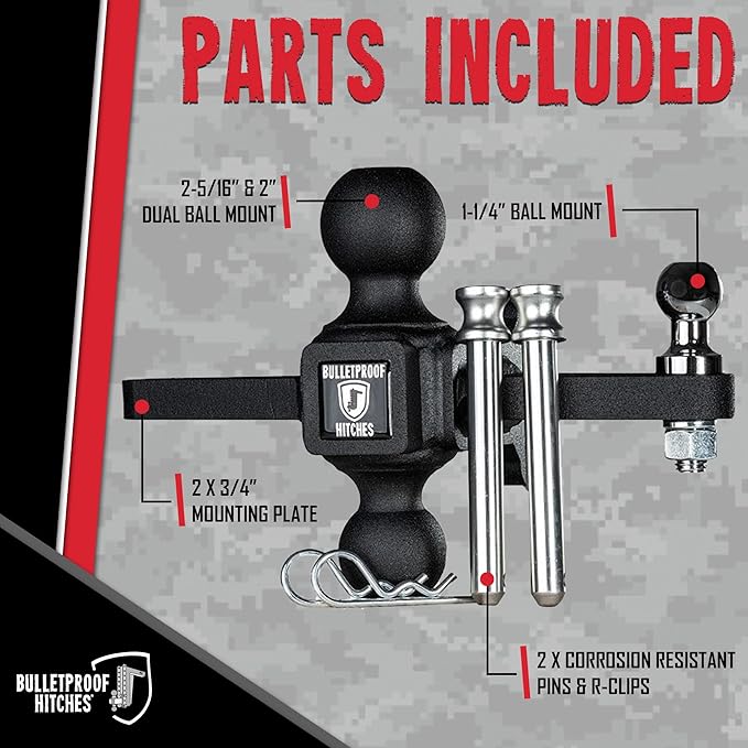 BulletProof Hitches - Medium Duty Sway Control Ball Mount with 2" and 2-5/16" Combination Ball - Rated to 14,000 lbs for Trailer Sway Control - Solid Steel, Black Powder Coat, Corrosion Resistant