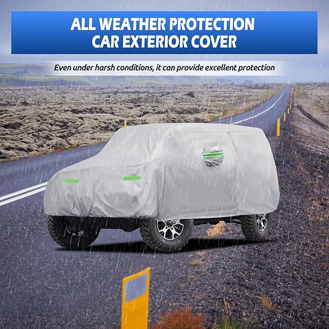 Car Cover Custom Fit for Jeep Wrangler 4 Door 2006-2026 JK JL, Migaven Waterproof Full Exterior Cover Rain Sun Protection with Door Zipper, Silver