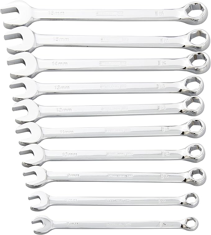 Steelman Pro 10-Piece Metric 6-Point Combination Wrench Set for Mechanics, Chrome Vanadium Alloy Steel, Angled Ends, Storage Rack Included