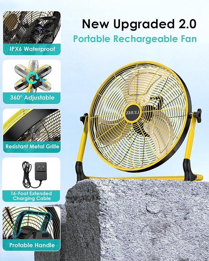ZHULI 18" Portable Battery Operated Floor Fan, Rechargeable Cordless Camping Fan, Hi-Velocity Brushless Motor, Metal blade, USB Phone Charge, 8~60H Runtime, Quiet, Wireless, For Outdoor Home Workshop