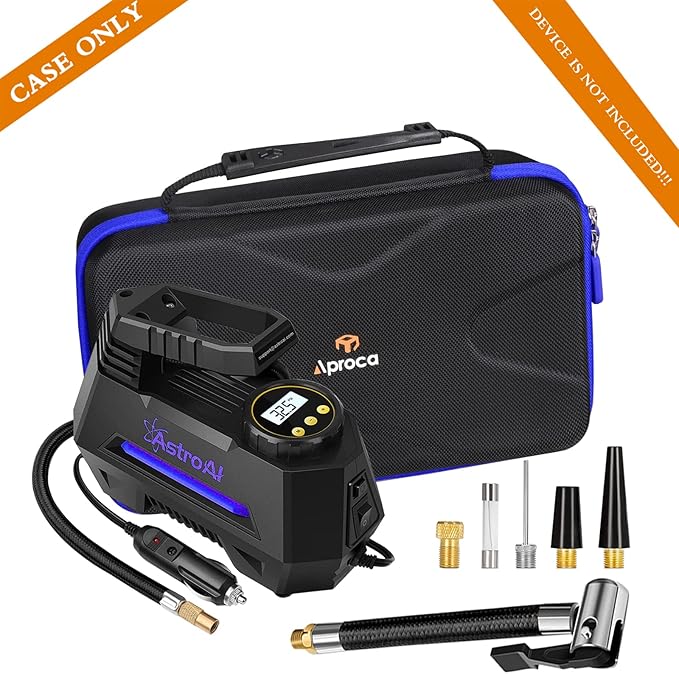 Aproca Tire Inflator Case Compatible with AstroAI Portable Air Compressor Tire Air Pump and Accessories-Black with Blue Zipper (Case Only)