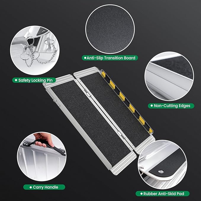 3 Feet Portable Wheelchair Ramp, 600 LBS Capacity Folding Aluminum Threshold Ramp with Anti-Slip Surface, Mobility Access Handicap Ramp for Home Steps, Doorway, Stairs, Doorways, Scooter