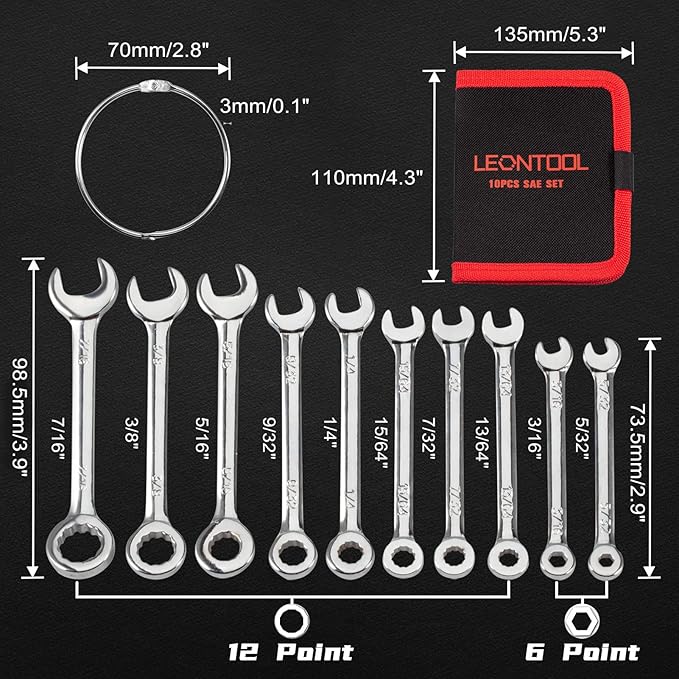 Mini Wrench Set, 10-Piece SAE Wrenches, Rust-Resistant Chrome Finish, Ideal for Automotive, Industrial, Home, Hobby - Silver