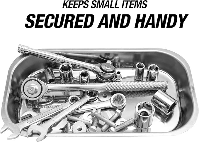 OEMTOOLS 25117C 5 Inch x 9 Inch Rectangular Magnetic Tray, Magnet Tool Holder, Heavy Duty Stainless Steel Construction, Tool Organizer Tray Securely Holds Small Parts and Fasteners
