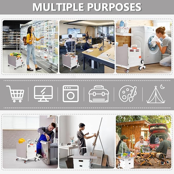 Foldable Utility Cart with Stair Climbing Wheels,Collapsible Rolling Crate with Magnetic Lid Telescopic Cover,Telescoping Handle,360° Rotate Wheel Hand Cart for Teacher Shopping Moving(Milky White)