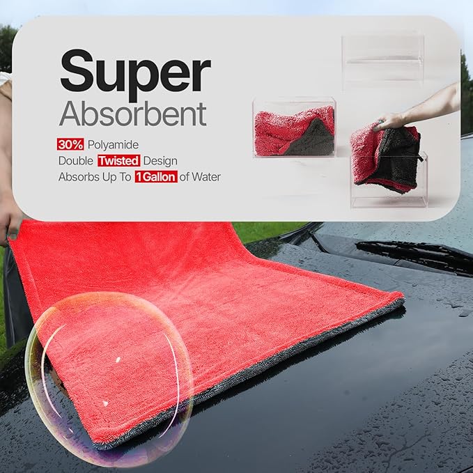 Crystal Clean 1300GSM Microfiber Towels for Cars – XL Drying Towel with Double Twisted Loop, Professional Detailing Towel Car Detailers - Quick Dry, Paint Safe & Swirl-Free (Grey+Red)