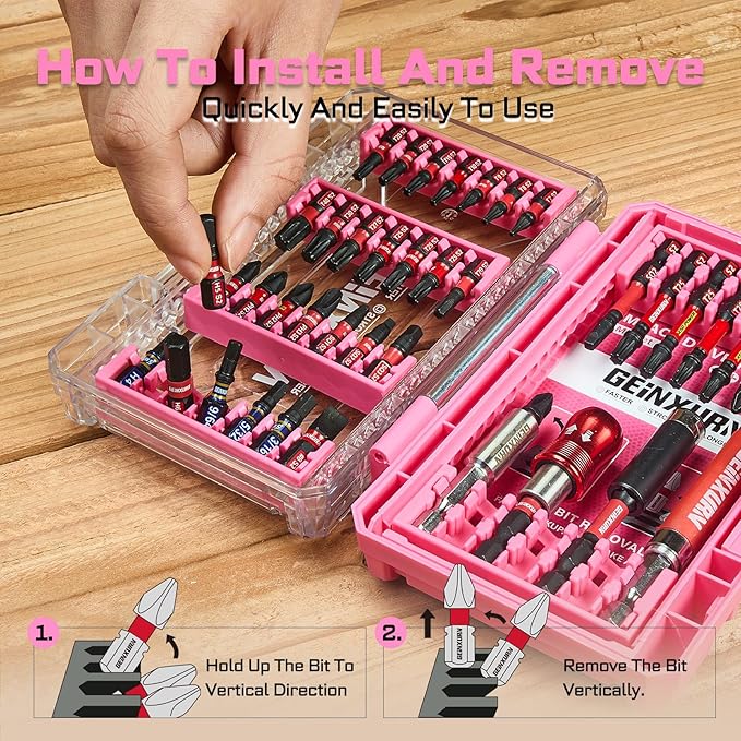 Geinxurn 40Pieces Impact Screwdriver Bits Set, Magnetic S2 Steel Phillips/Slotted/Square/Torx Insert Power Bits Tips, Impact Bit Holder with Pink Storage Box Case