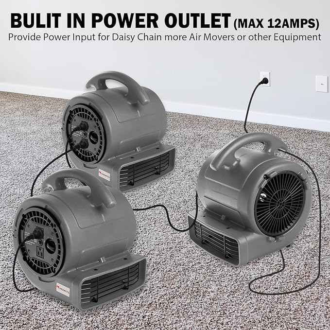 MOUNTO 1/5hp Air Mover 800cfm Blower Fan Carpet Floor Drying Fan - 3-Speed Compact Air Mover w/Dual Outlet, 10ft Power Cord for Drying, Cooling, Air Circulation (Grey), Small