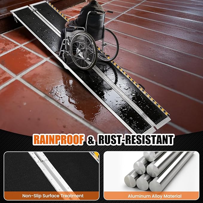 8FT Aluminum Folding Wheelchair Ramp - Heavy Duty 800 lbs Capacity, Portable Ramp for Cars, Stairs, Doorways, Scooters & Home Steps with Non-Slip Surface
