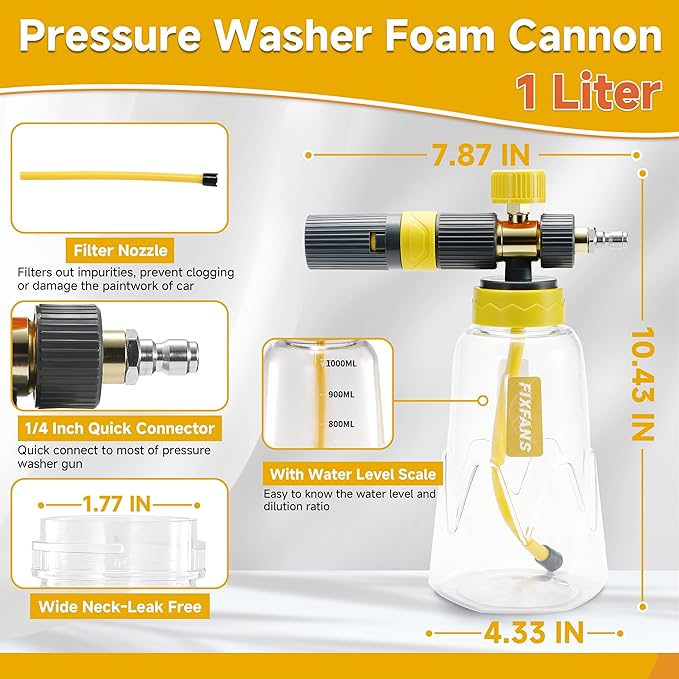 Foam Cannon Gun Dual Connector Accessory for Pressure Washer, Double Tip Attachment Soap Cannon with Power Washer Short Gun, Car Wash Foam Gun Kit, 1/4" Quick Connect, 5 Nozzle Tips