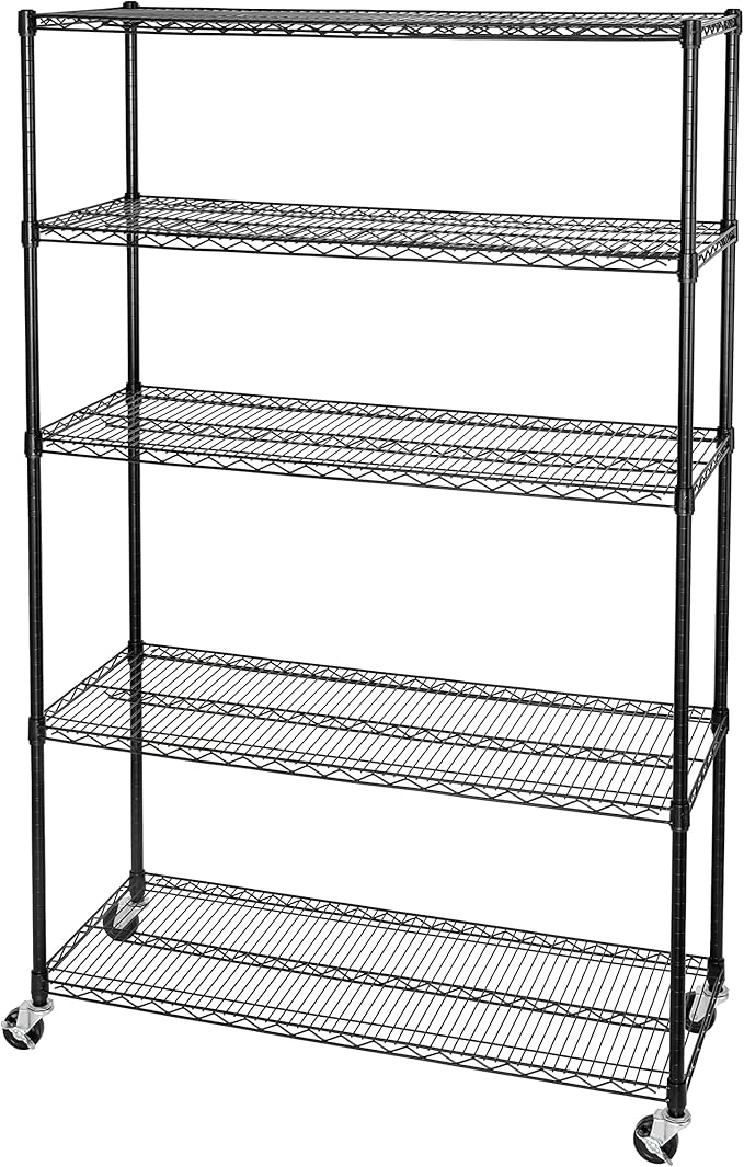 Seville Classics UltraDurable Heavy Duty NSF Solid Steel Wire Rack Storage Unit, Organizer for Garage, Warehouse, Office, Restaurant, Classroom, Kitchen, Black, 5-Tier Shelving, 48" W x 18" D