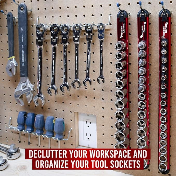 Precision Defined Aluminum Tool Holder | Red Single 1/2-Inch Socket Organizer x 14 Clips | Heavy Duty Rotating Socket Tray
