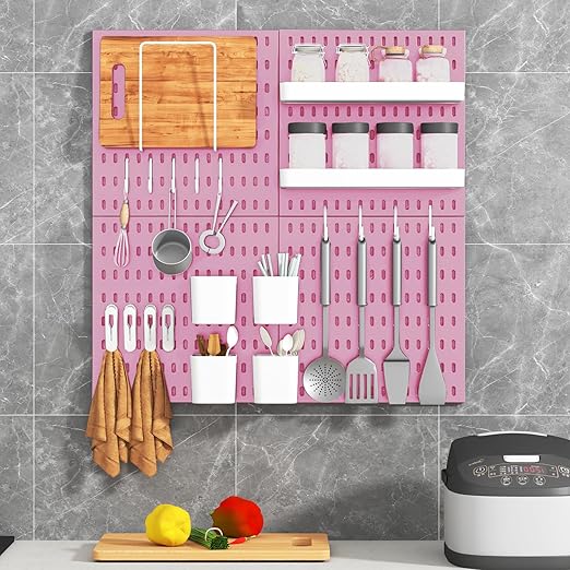 Peg Board Combination Kit, 8 Pegboards with 40 Accessories, Pegboard Wall Organizer for Office, Nursery & Home Storage, Key Holder, 51.2"x25.6" – Nail-Free Installation（Pink）
