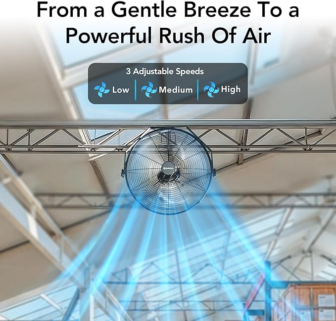 Comfort Zone 20-inch Industrial High Velocity Fan – Heavy Duty All-Metal Floor & Wall Mount Fan, 3-Speed High Power Cooling for Garage, Workshop, or Warehouse – Sealed Motor & Balanced Aluminum Blades