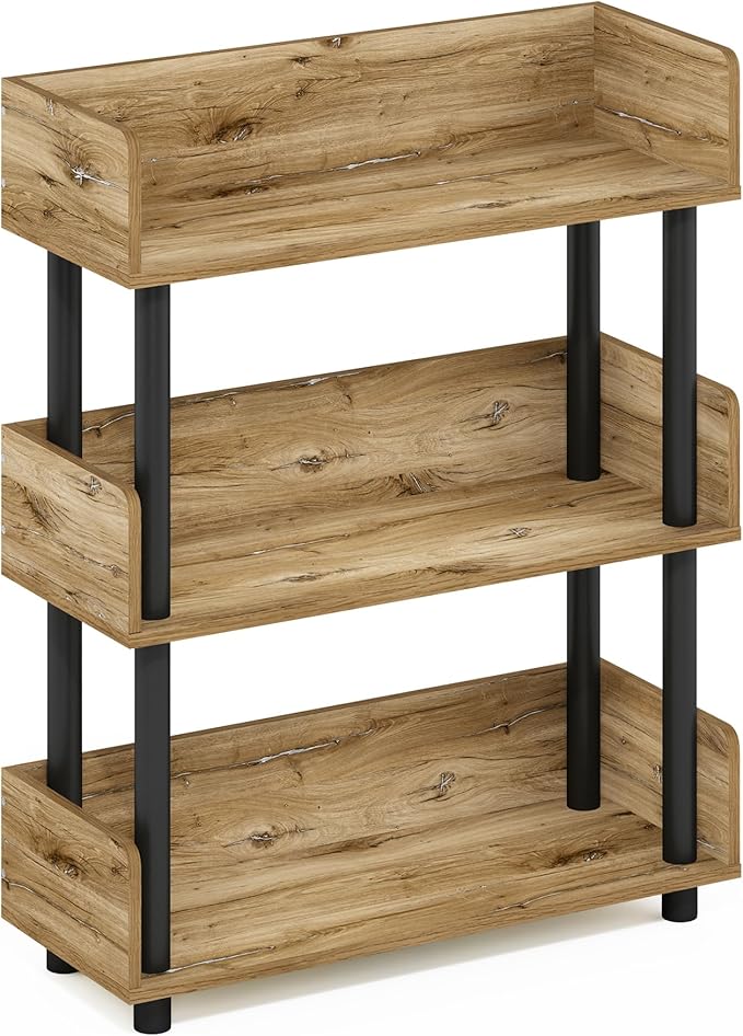 Furinno TURN-N-TUBE Display Shelf, 3-Tier Storage Shelves with Side Panels, Open Shelves Book Shelf with Rounded Corner Top Edges, for Organization and Storage, Living Room, Home Office, Flagstaff Oak