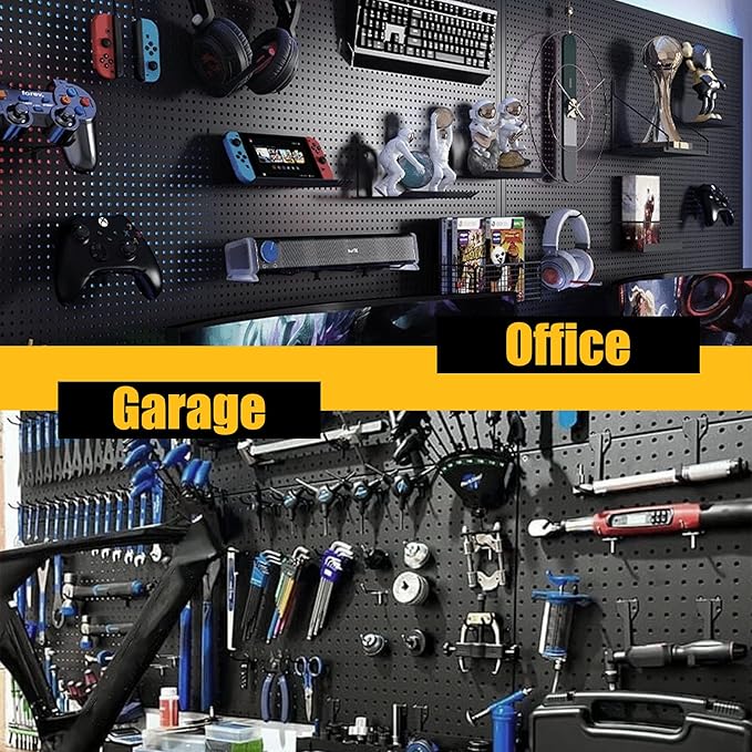 Spampur Peg Board, 4 Pack Metal Pegboard Panels with 50 Hooks, Black Pegboards Wall Organizer, Heavy Duty Peg Board for Walls Home, Garage Tool Storage, Office Organization, Craft Room, Kitchen