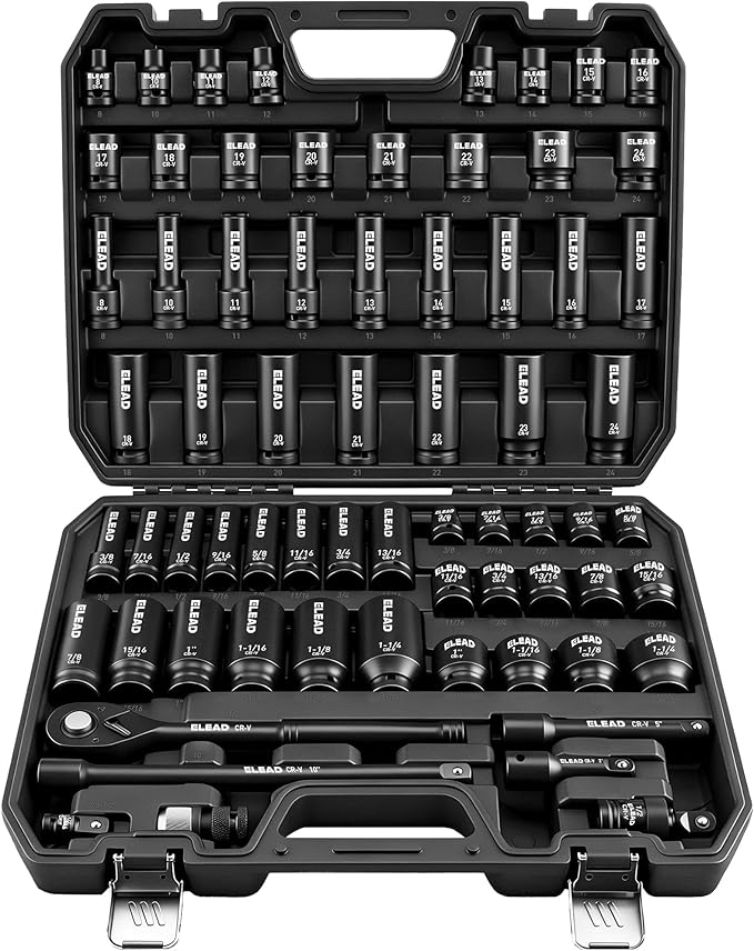 ELEAD 67 Piece 1/2" Drive Deep Impact Socket Set: Standard SAE (3/8"-1-1/4") & Metric (8-24 mm), Including 3 ", 5", 10" Extension Bar, Universal Joint, Ratchet Handle and Adapter