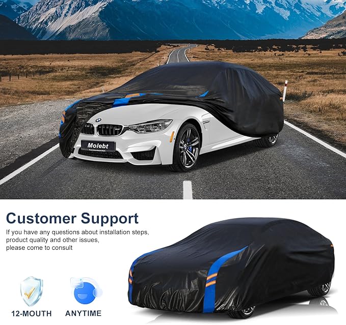 Car Cover Waterproof All Weather for Automobiles, Full Exterior Covers for Sedan & Coupe (201-208inch) Universal Fit for Dodge Charger/Challenger, Chrysler 300 etc.Rain Winter Sun Protection