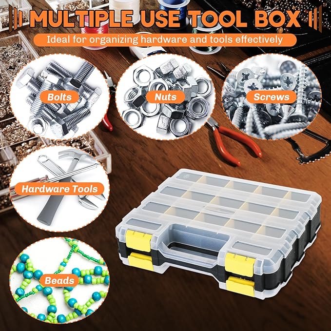 Small Parts Organizer 2 Pack | Storage Case Tools Box 34-Compartments Double Side Organizer Box with Removable Dividers for Small Hardware, Screws, Bolts, Nuts, Nails, Beads (Yellow)