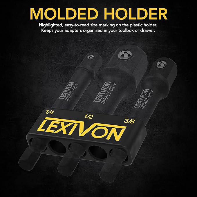 LEXIVON Impact Grade Socket Adapter Set, 3" Extension Bit With Holder | 3-Piece 1/4", 3/8", and 1/2" Drive, Adapt Your Power Drill To High Torque Impact Wrench (LX-101)