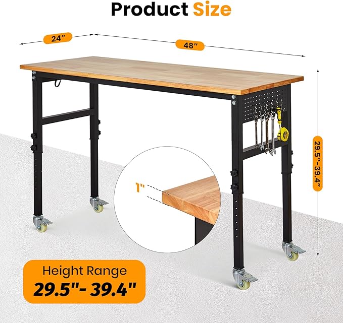 48" Adjustable Workbench with Power Outlet, 8-Levels Height Adjustable Work Table, Rubber Wood Heavy Duty Workbenches with Wheels & Pegboard for Garage Office Workshop Home Commercial