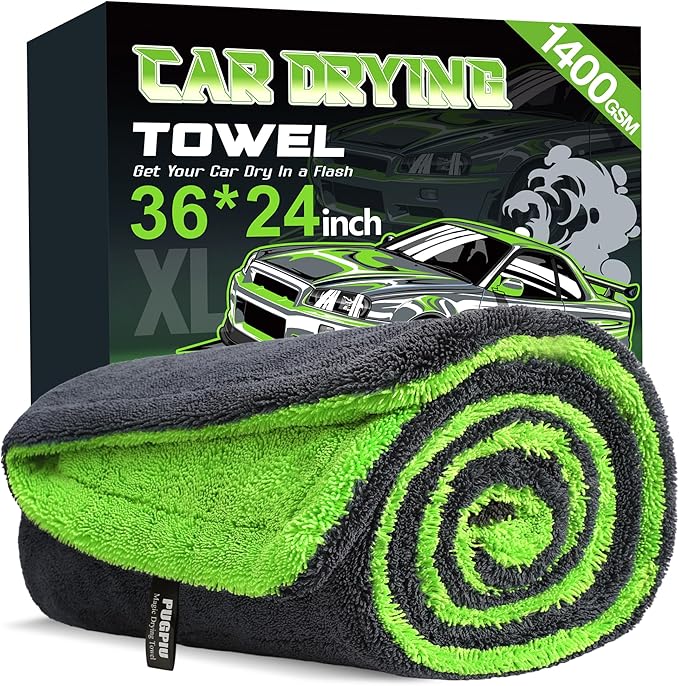 PUGPIU Car Drying Towel - 1400GSM Extra Large Super Absorbent Microfiber Towels for Cars 24"x36" - Large Edgeless with Twisted Loop, Lint-Free & Streak-Free for Auto Detailing, SUV, Truck (Green)
