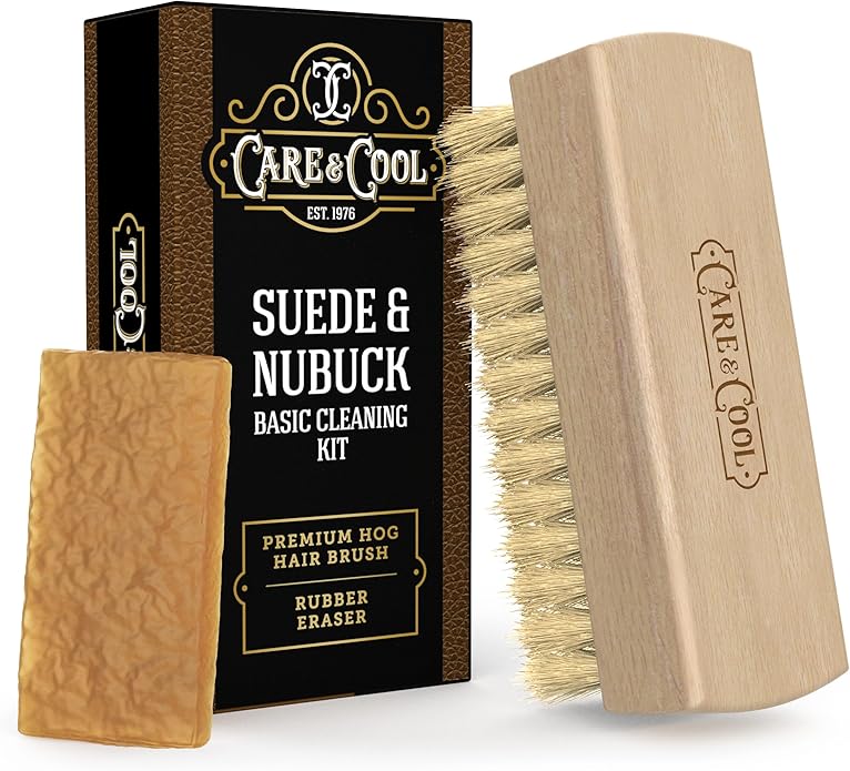 Care & Cool Suede and Nubuck Cleaning Premium Hog Hair Brush 3.94"x1.38" and Rubber Eraser - Gentle Cleaning, Nap Restoration - Ideal for Suede, Nubuck, Leather, Canvas, Knit