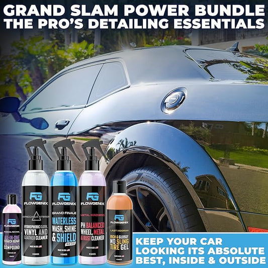 Grand Slam 5-Pack - Waterless Car Wash Detailing Spray, Tire Shine Gel, Scratch Remover, Wheel Metal Rust Cleaner, Interior Cleaner & Protector, 2 Microfiber Towels