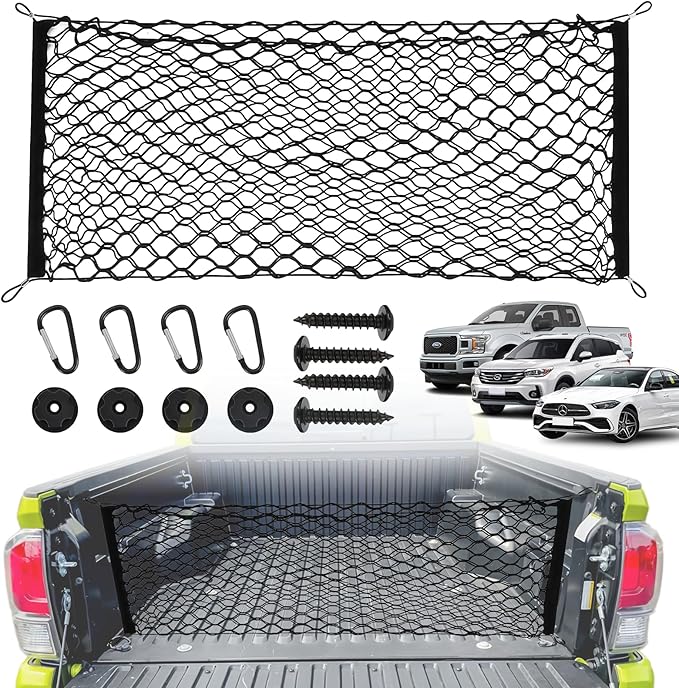 Truck Bed Cargo Net Trunk Netting Fit for All Pickup Trucks, SUV,Cars & Trailers,(51.2"x17.8" to 65"x17.8") Double Thick Heavy Duty Pickup Truck Bed Organizer-5mm Bungee,4 Metal Hooks